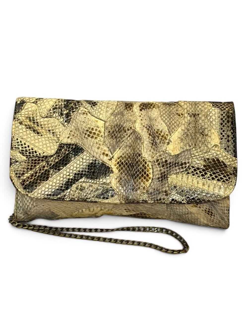 Vintage Creations by Lama Gold Snake Print Clutch With Pewter Chain Strap